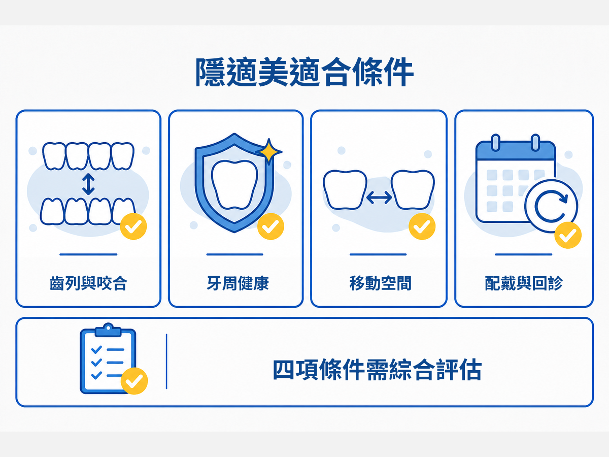 隱適美適合條件包含齒列咬合、牙周健康、移動空間與配戴回診