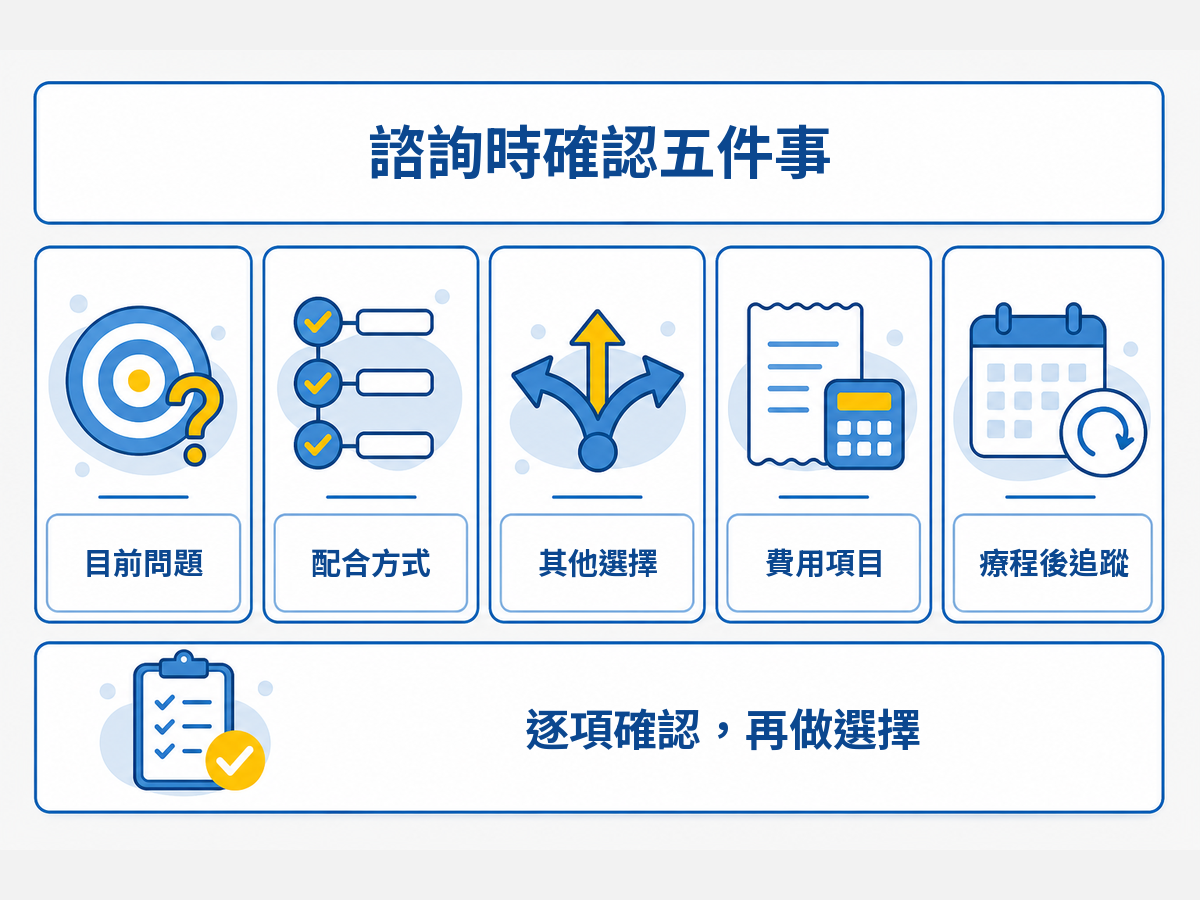 兒童矯正諮詢應確認目前問題、配合方式、其他選擇、費用項目與療程後追蹤